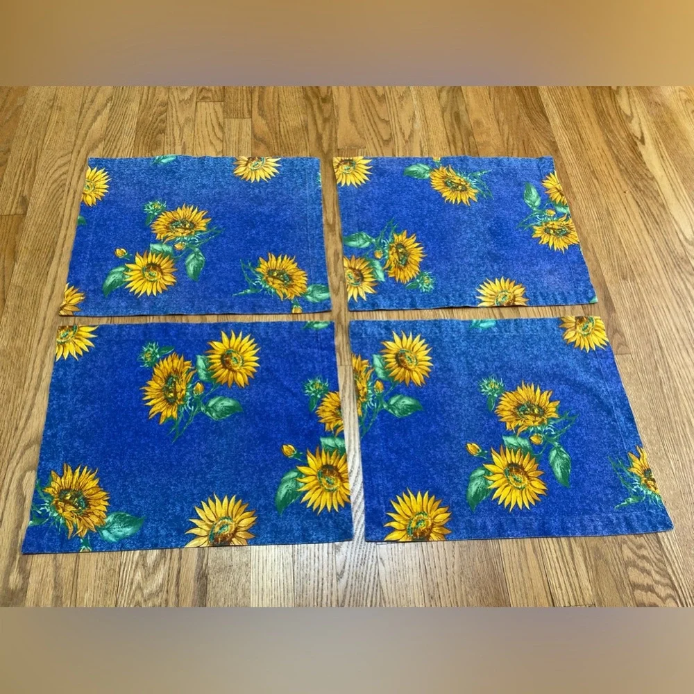 SUR LA TABLE Placemats Blue With Sunflowers Cotton Set Of 4 Made In Italy